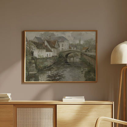 Premium Poster of Charming Countryside River Bridge Scenic Artwork Posters