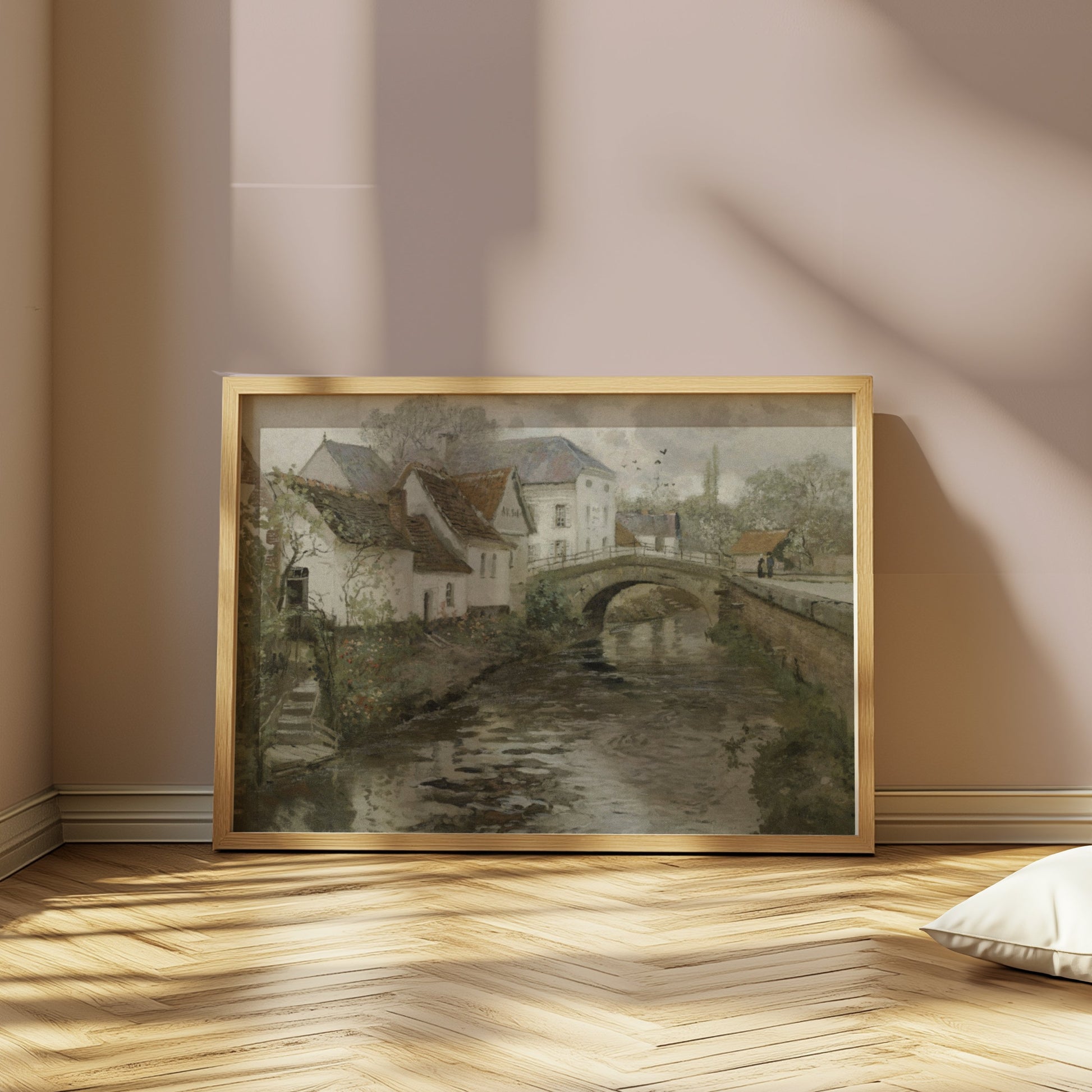 Premium Poster of Charming Countryside River Bridge Scenic Artwork Posters
