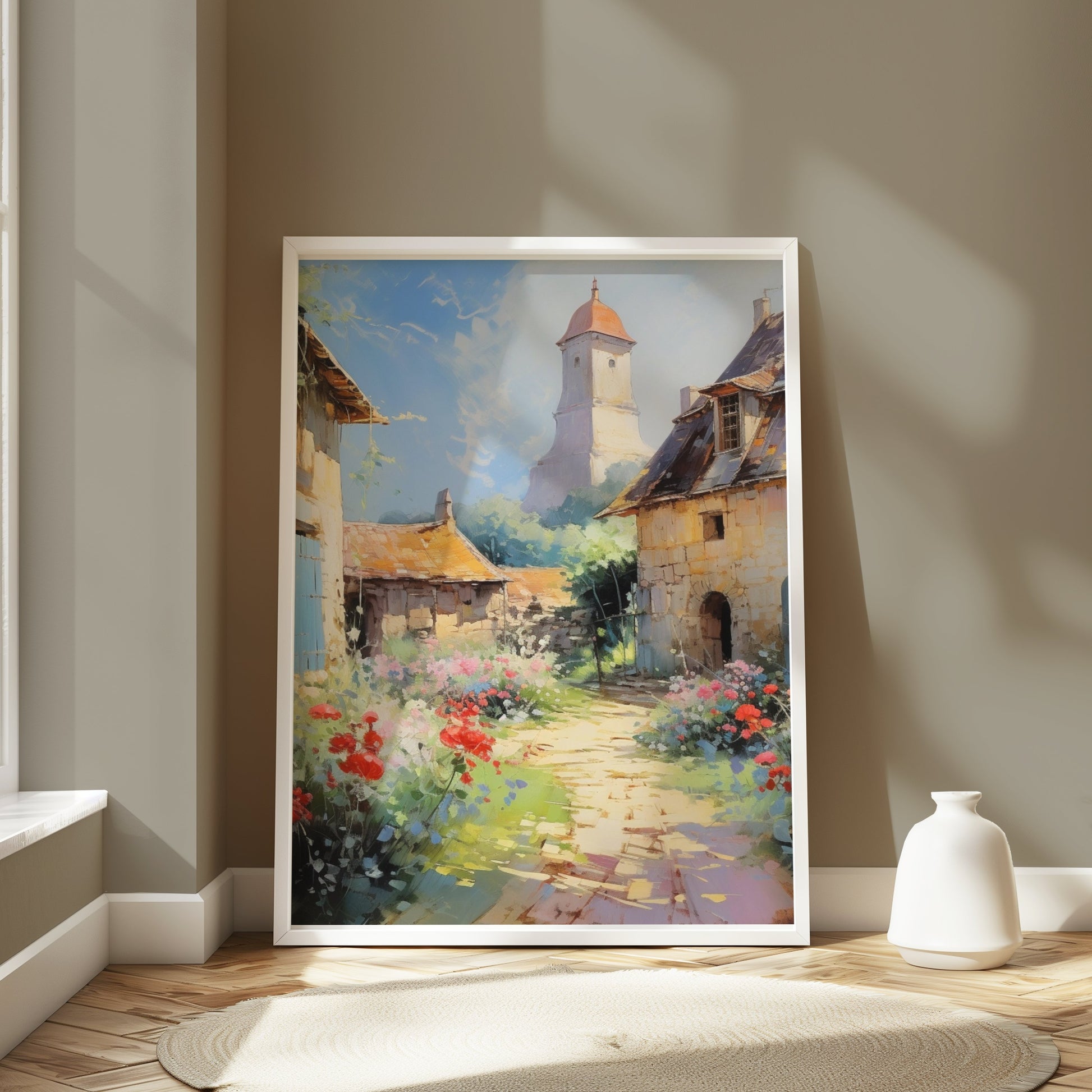 Premium Poster of Charming European Village with Tower Posters