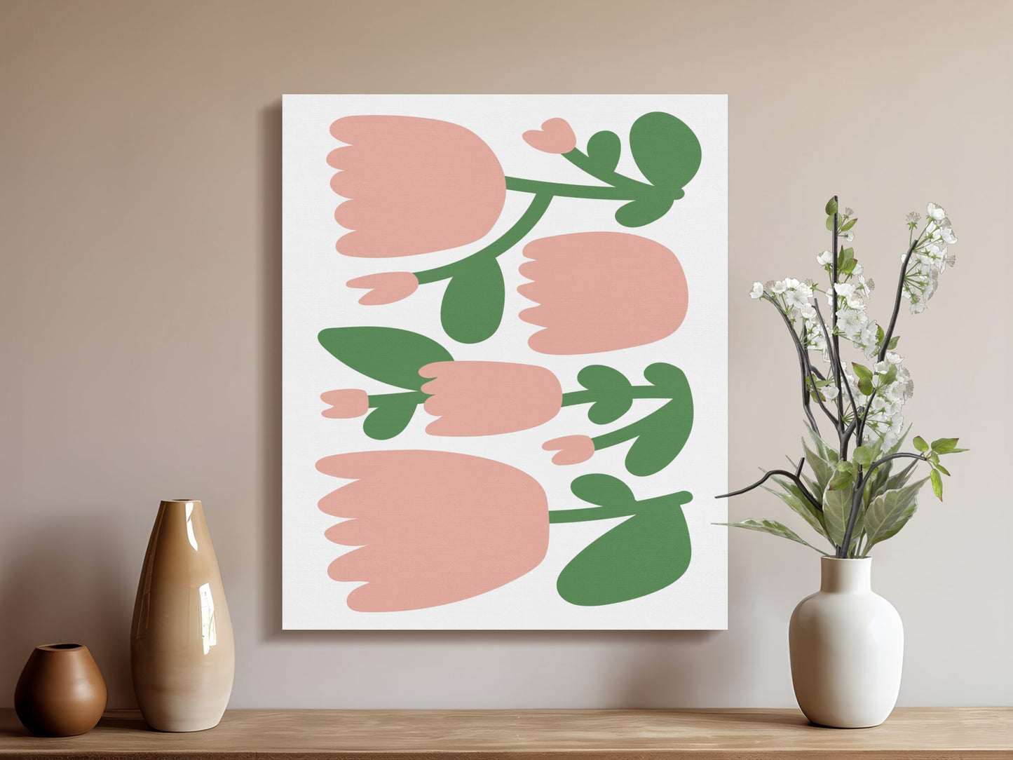 Premium Poster of Charming Floral Wall Art Pink and Green Canvas Wraps
