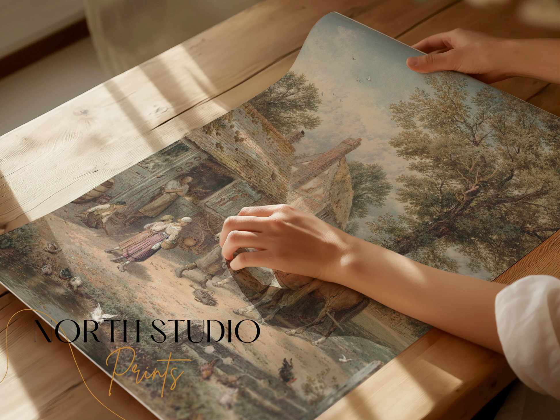 Premium Poster of Charming Village Scene with Horses and Cottage Posters