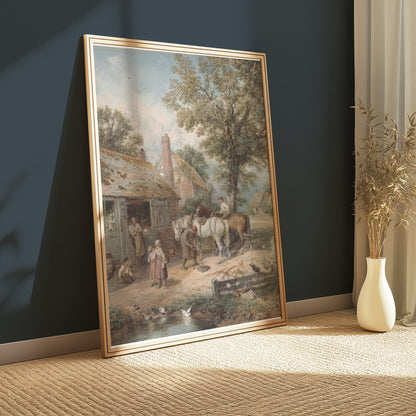 Premium Poster of Charming Village Scene with Horses and Cottage Posters