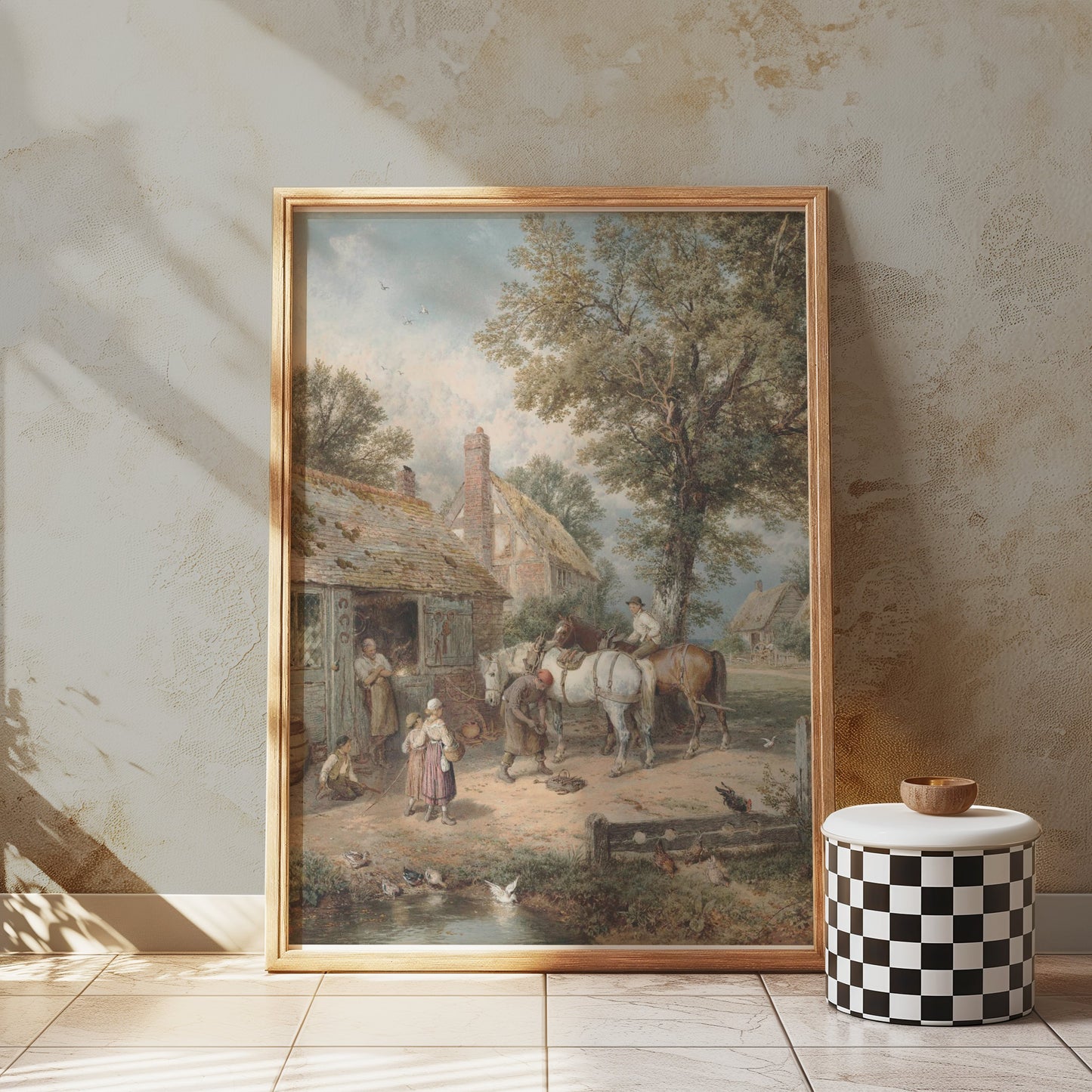 Premium Poster of Charming Village Scene with Horses and Cottage Posters