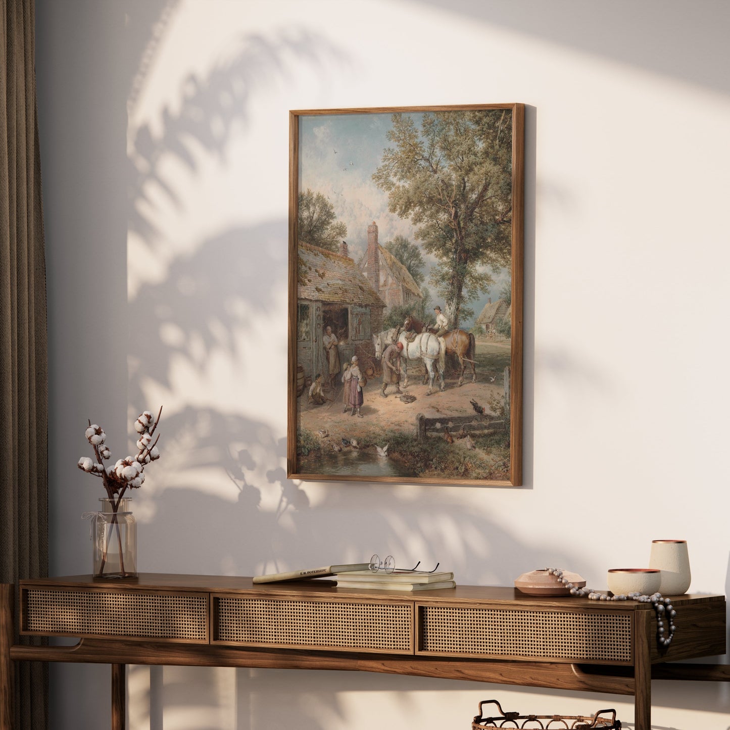 Premium Poster of Charming Village Scene with Horses and Cottage Posters