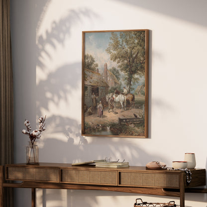 Premium Poster of Charming Village Scene with Horses and Cottage Posters