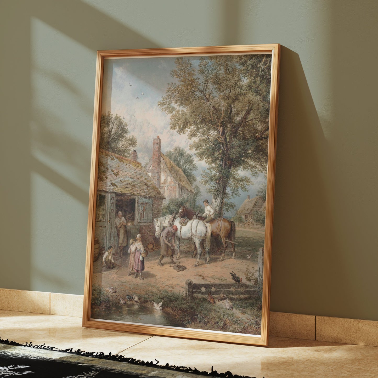 Premium Poster of Charming Village Scene with Horses and Cottage Posters