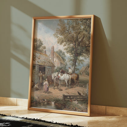 Premium Poster of Charming Village Scene with Horses and Cottage Posters