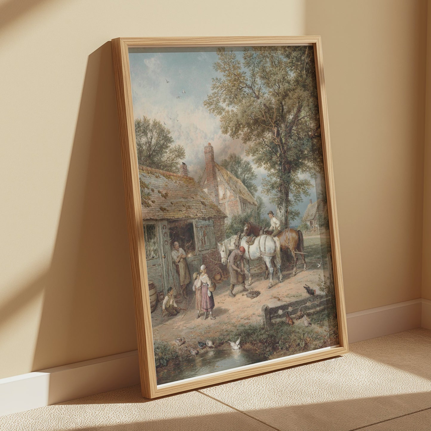Premium Poster of Charming Village Scene with Horses and Cottage Posters