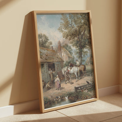 Premium Poster of Charming Village Scene with Horses and Cottage Posters