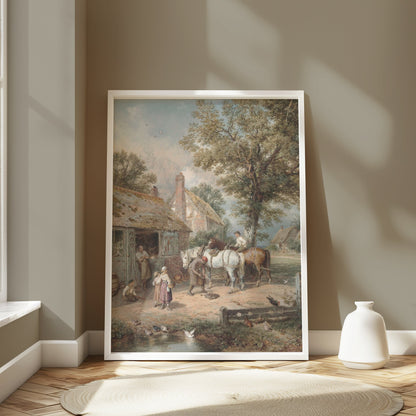 Premium Poster of Charming Village Scene with Horses and Cottage Posters