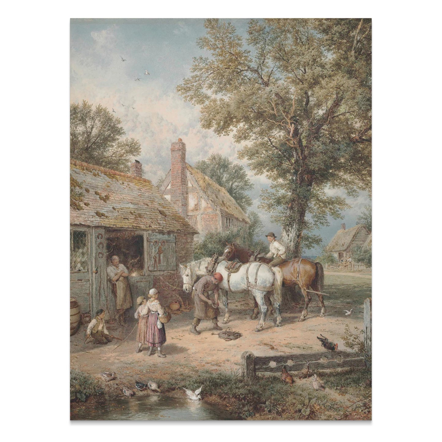 Premium Poster of Charming Village Scene with Horses and Cottage Posters