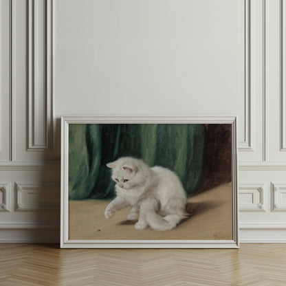 Premium Poster of Charming White Cat Playing with a Ladybird Posters
