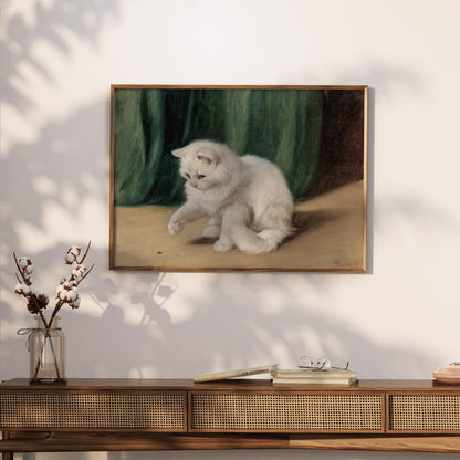 Premium Poster of Charming White Cat Playing with a Ladybird Posters