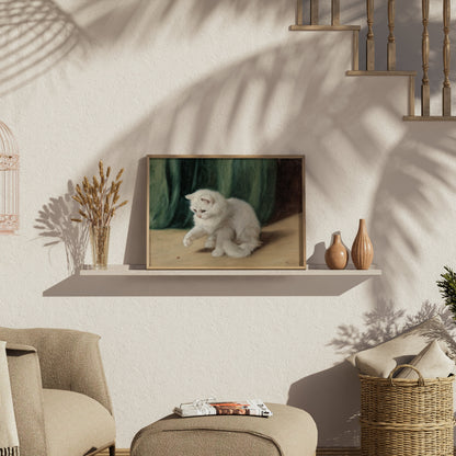 Premium Poster of Charming White Cat Playing with a Ladybird Posters