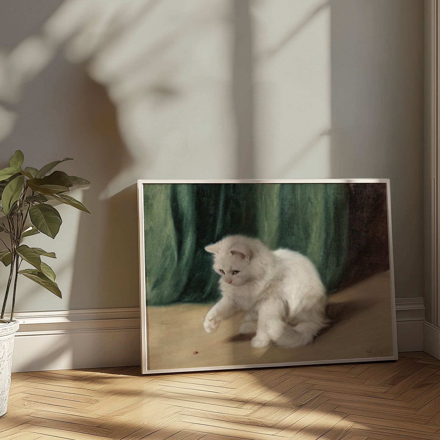 Premium Poster of Charming White Cat Playing with a Ladybird Posters