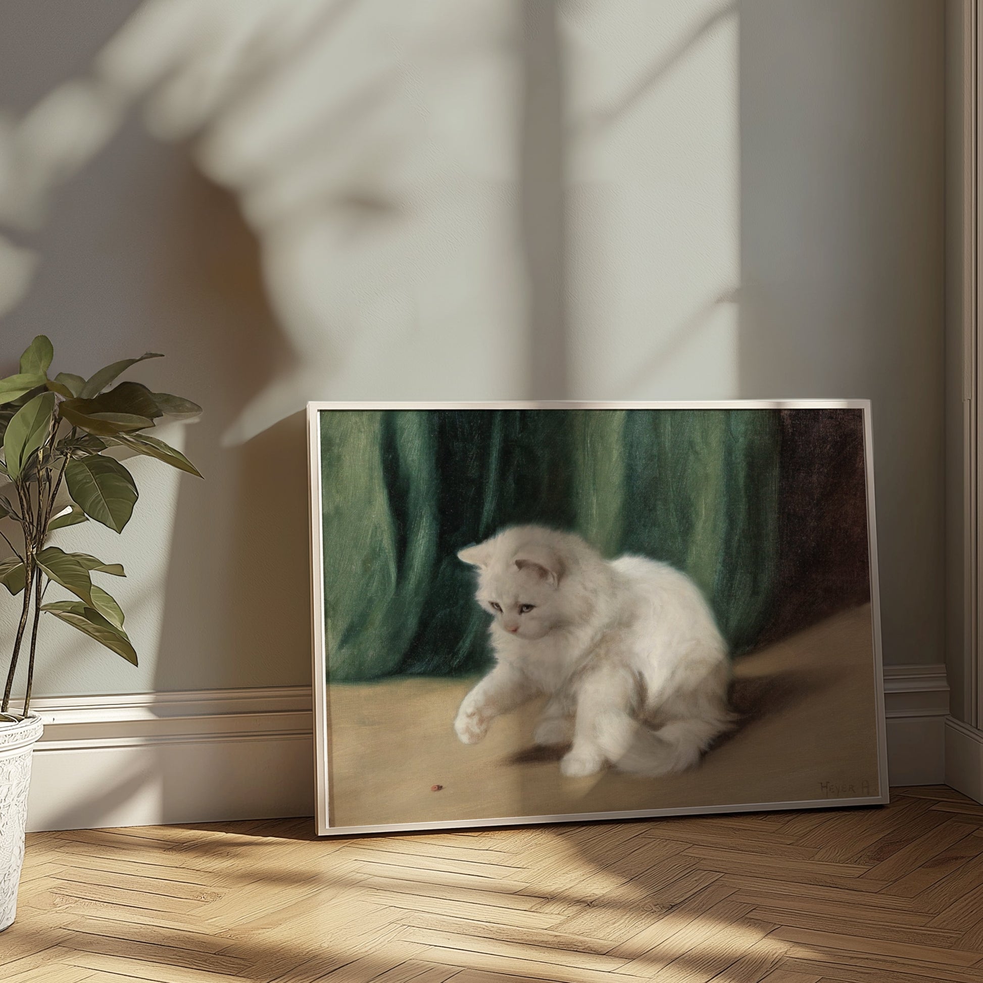 Premium Poster of Charming White Cat Playing with a Ladybird Posters