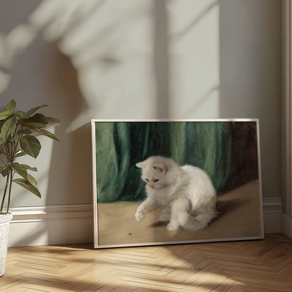 Premium Poster of Charming White Cat Playing with a Ladybird Posters
