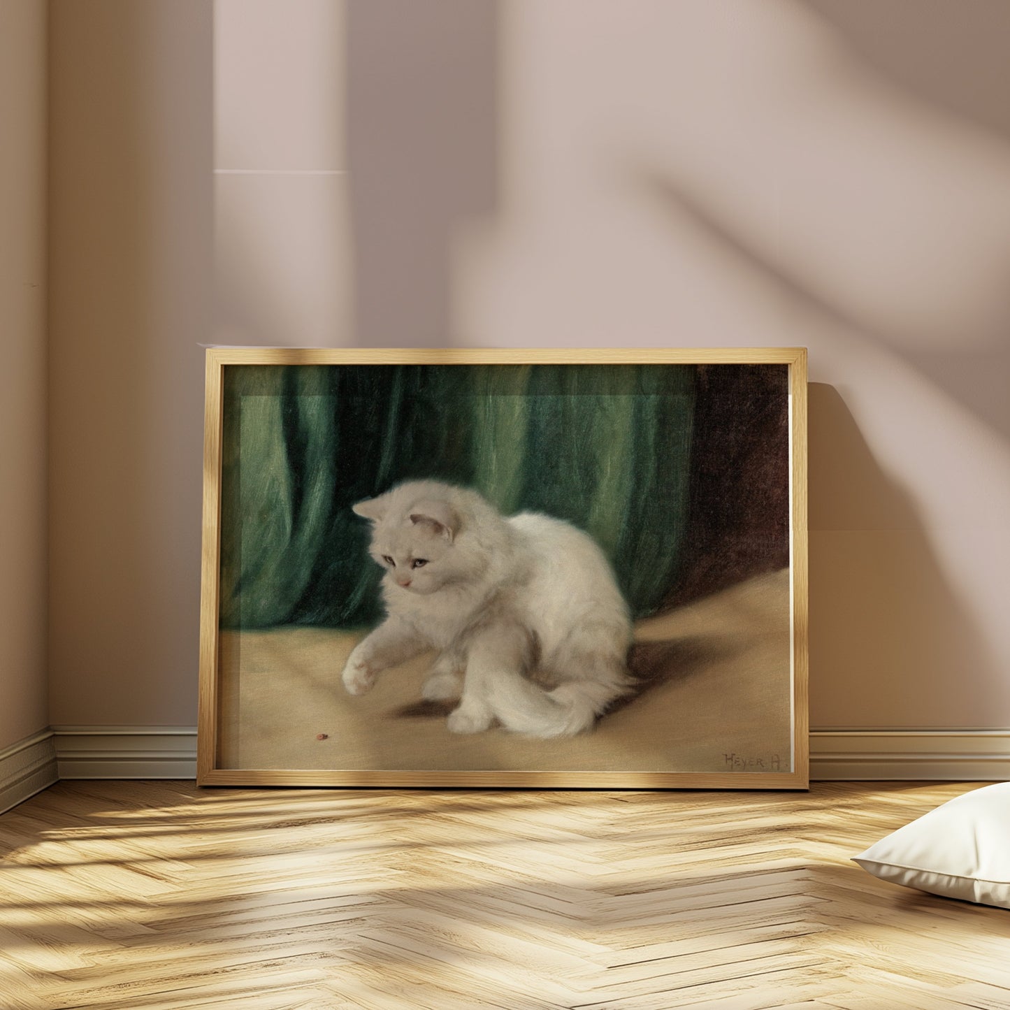 Premium Poster of Charming White Cat Playing with a Ladybird Posters
