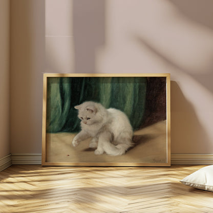 Premium Poster of Charming White Cat Playing with a Ladybird Posters