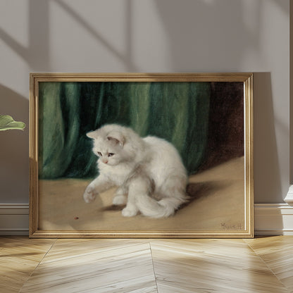 Premium Poster of Charming White Cat Playing with a Ladybird Posters