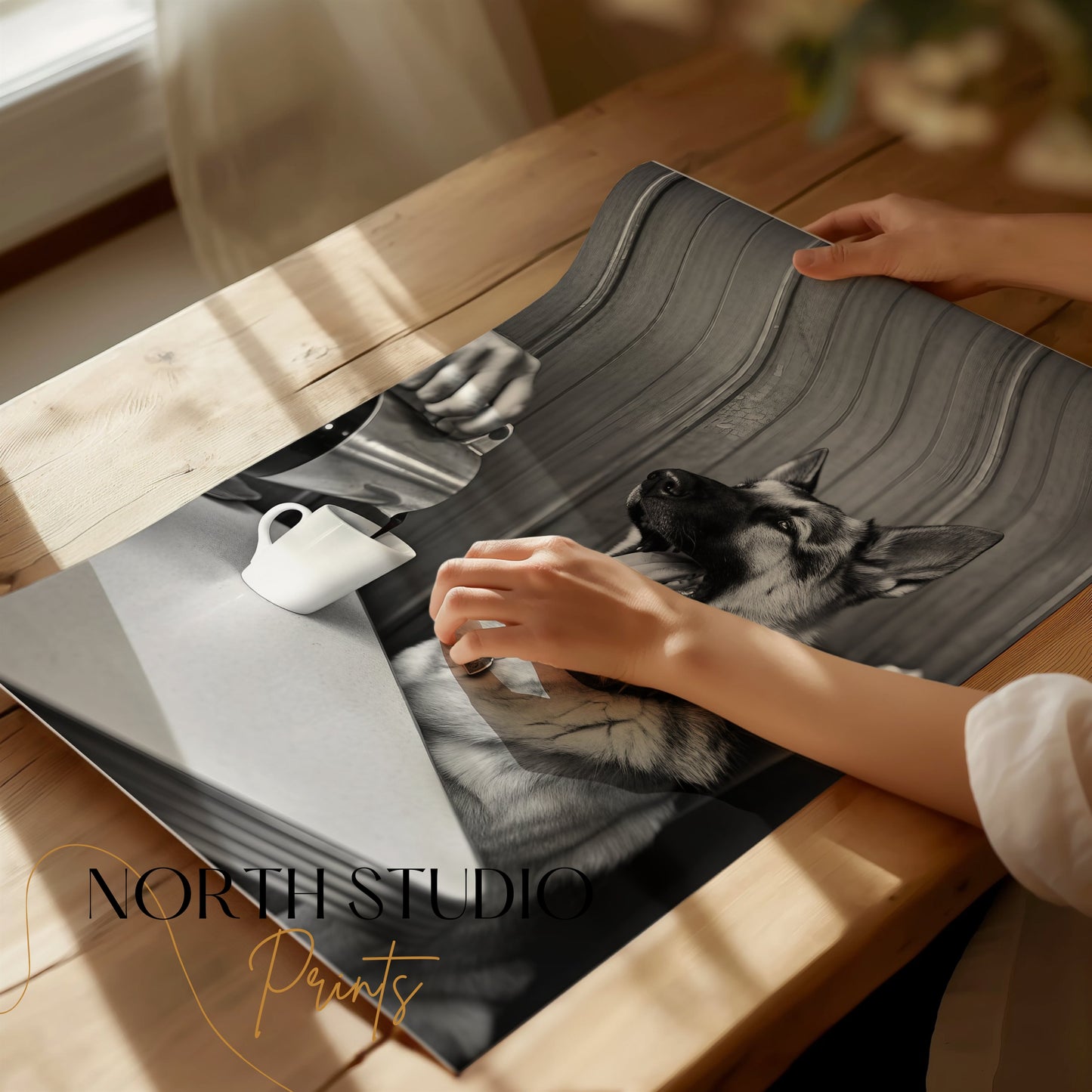 Premium Poster of Cheerful Dog at Café Table Black and White Art Posters