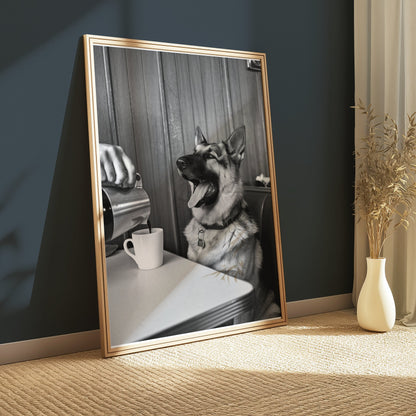 Premium Poster of Cheerful Dog at Café Table Black and White Art Posters