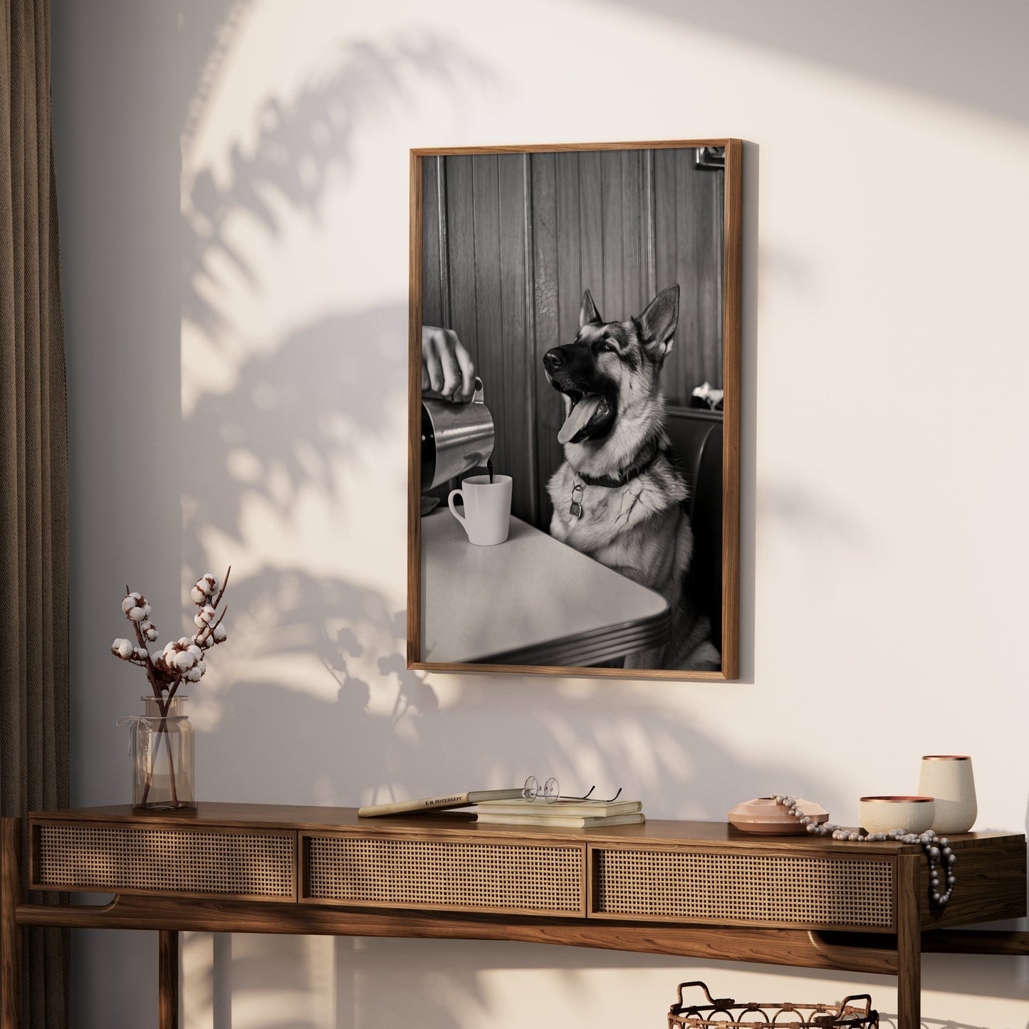 Premium Poster of Cheerful Dog at Café Table Black and White Art Posters