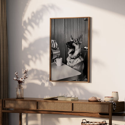 Premium Poster of Cheerful Dog at Café Table Black and White Art Posters