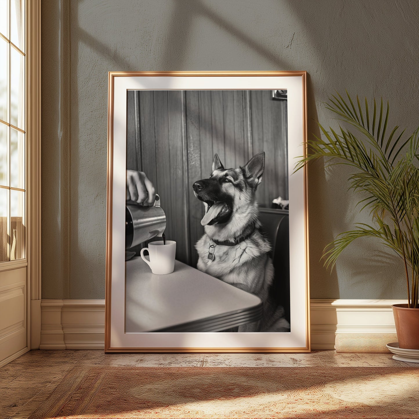 Premium Poster of Cheerful Dog at Café Table Black and White Art Posters