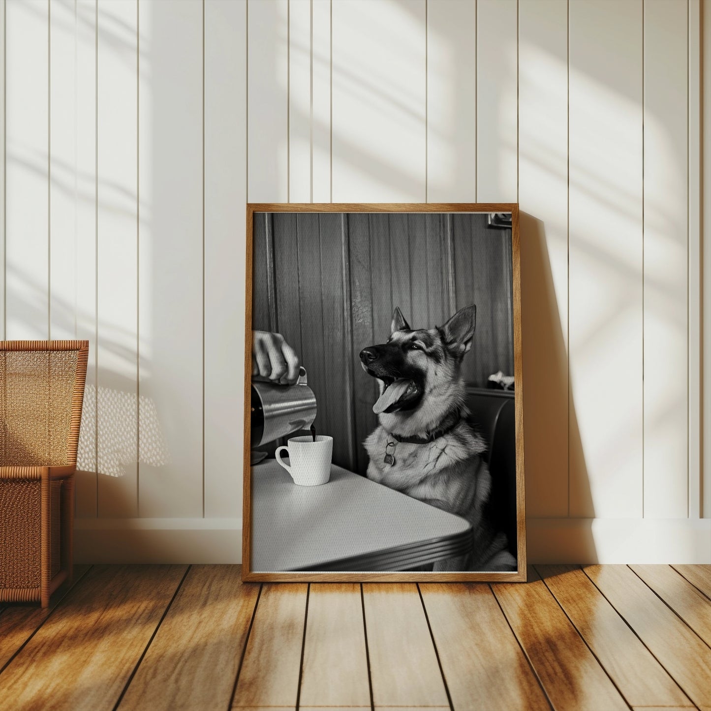Premium Poster of Cheerful Dog at Café Table Black and White Art Posters