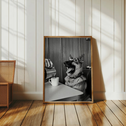 Premium Poster of Cheerful Dog at Café Table Black and White Art Posters