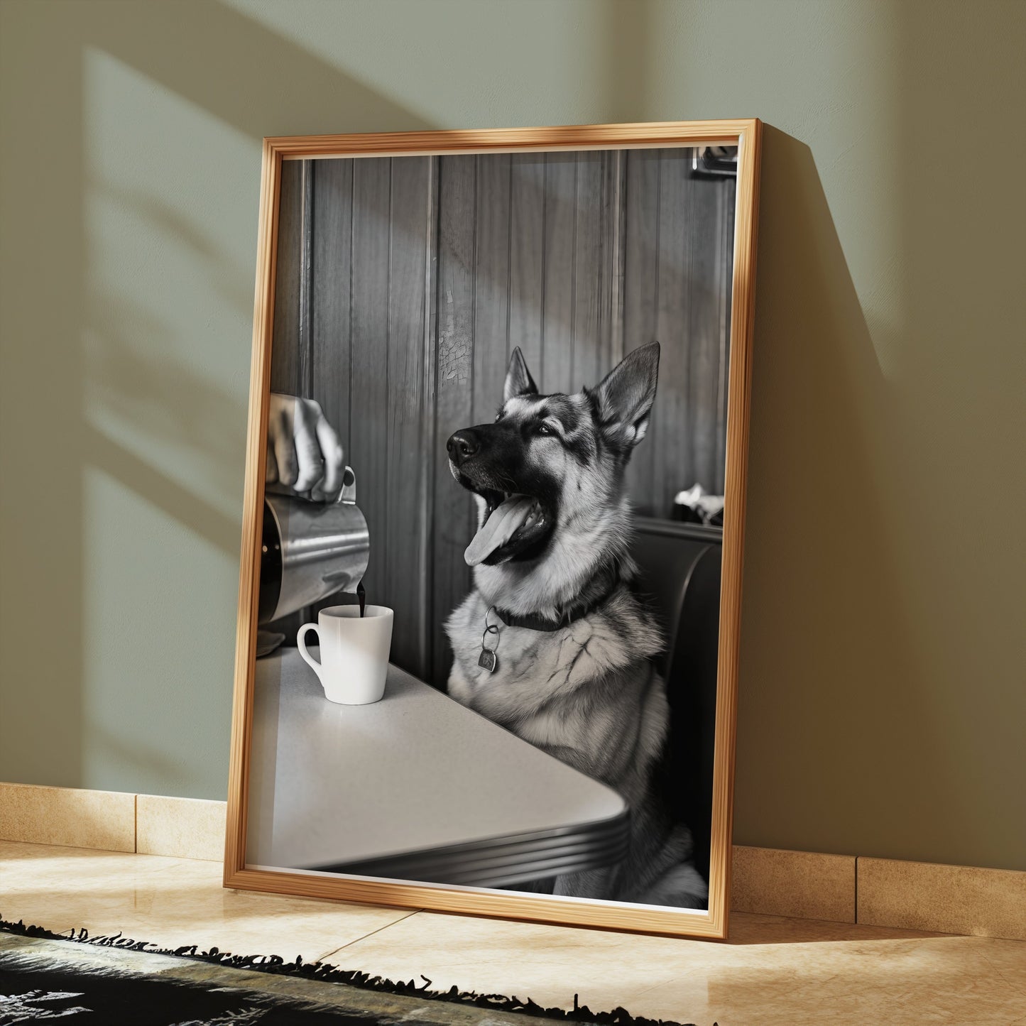 Premium Poster of Cheerful Dog at Café Table Black and White Art Posters