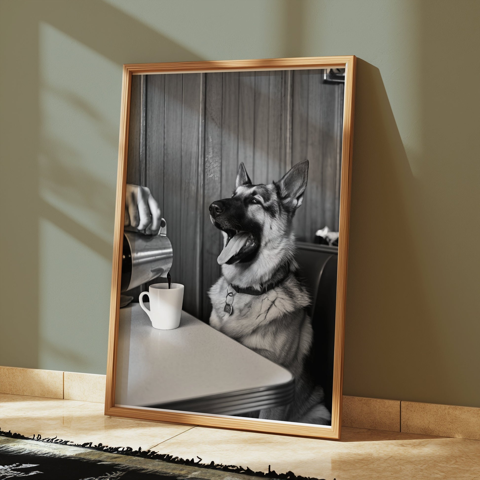 Premium Poster of Cheerful Dog at Café Table Black and White Art Posters