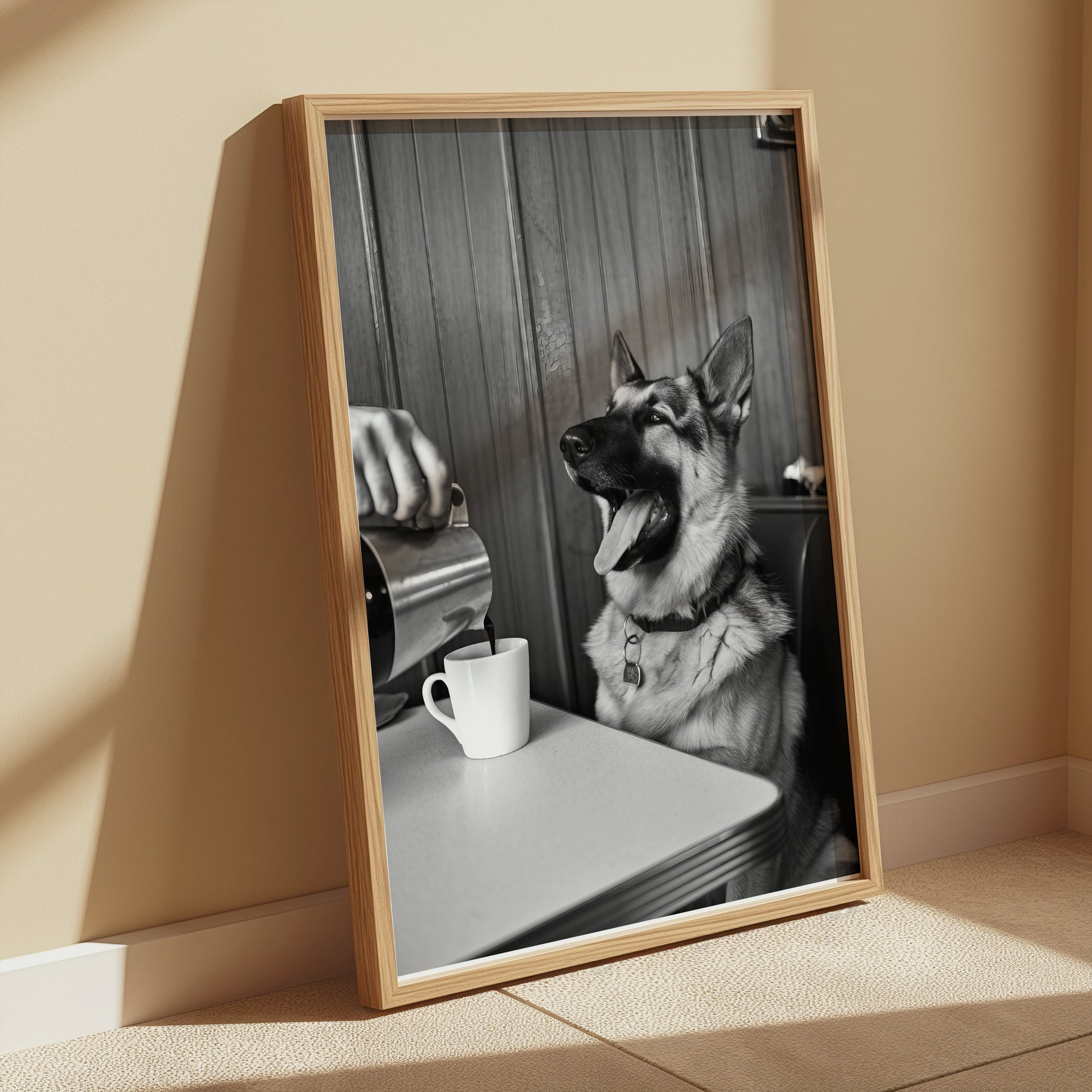 Premium Poster of Cheerful Dog at Café Table Black and White Art Posters