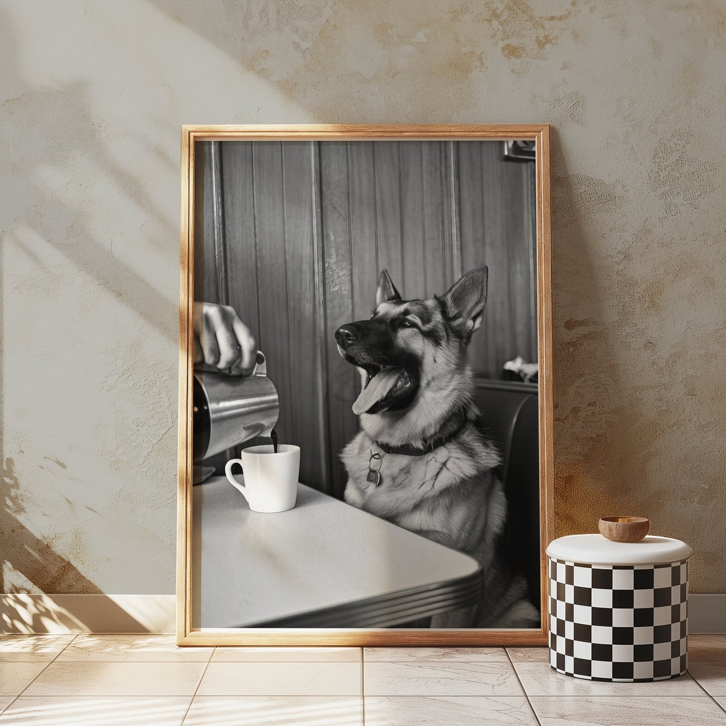 Premium Poster of Cheerful Dog at Café Table Black and White Art Posters