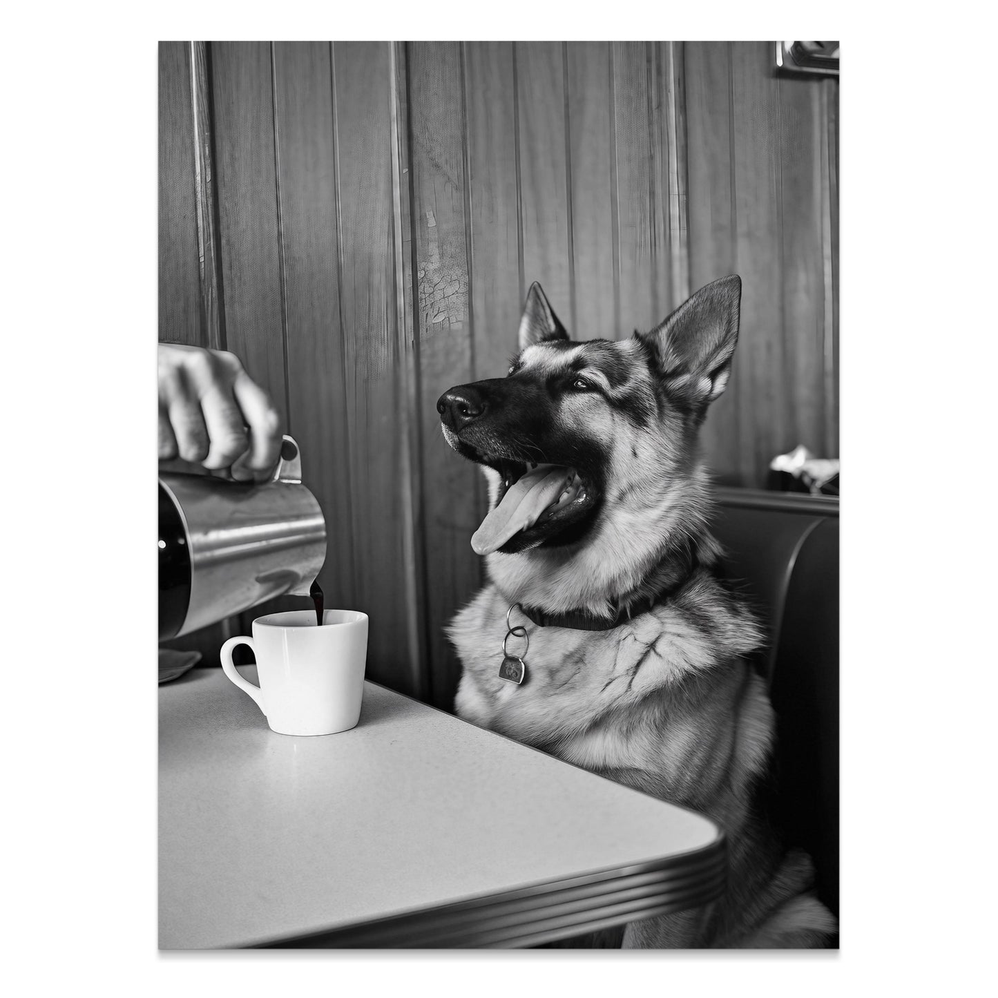 Premium Poster of Cheerful Dog at Café Table Black and White Art Posters