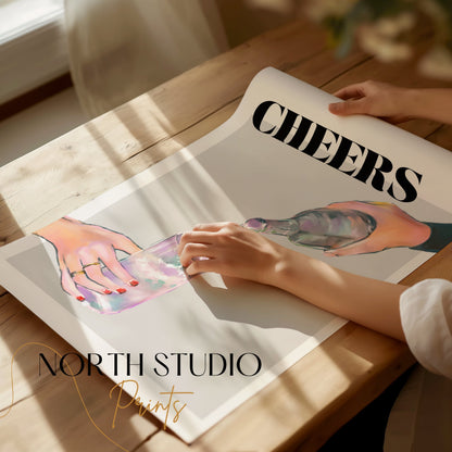 Premium Poster of Cheers Water Pour Hand Holding Glass Posters