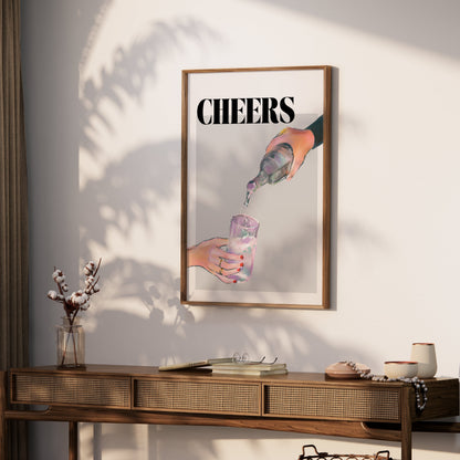 Premium Poster of Cheers Water Pour Hand Holding Glass Posters