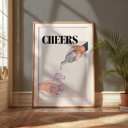 Premium Poster of Cheers Water Pour Hand Holding Glass Posters
