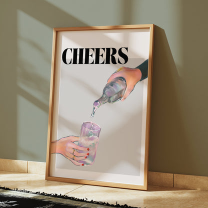 Premium Poster of Cheers Water Pour Hand Holding Glass Posters