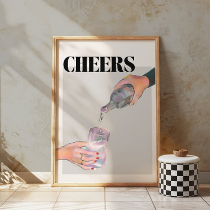 Premium Poster of Cheers Water Pour Hand Holding Glass Posters