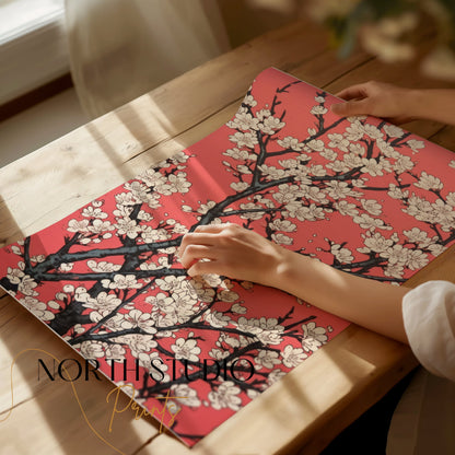 Premium Poster of Cherry Blossoms Abstract Art on Red Background Posters