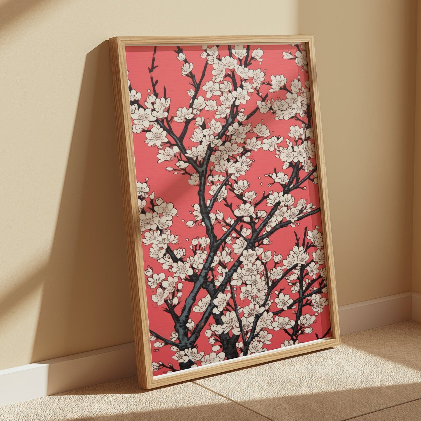Premium Poster of Cherry Blossoms Abstract Art on Red Background Posters