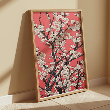 Premium Poster of Cherry Blossoms Abstract Art on Red Background Posters