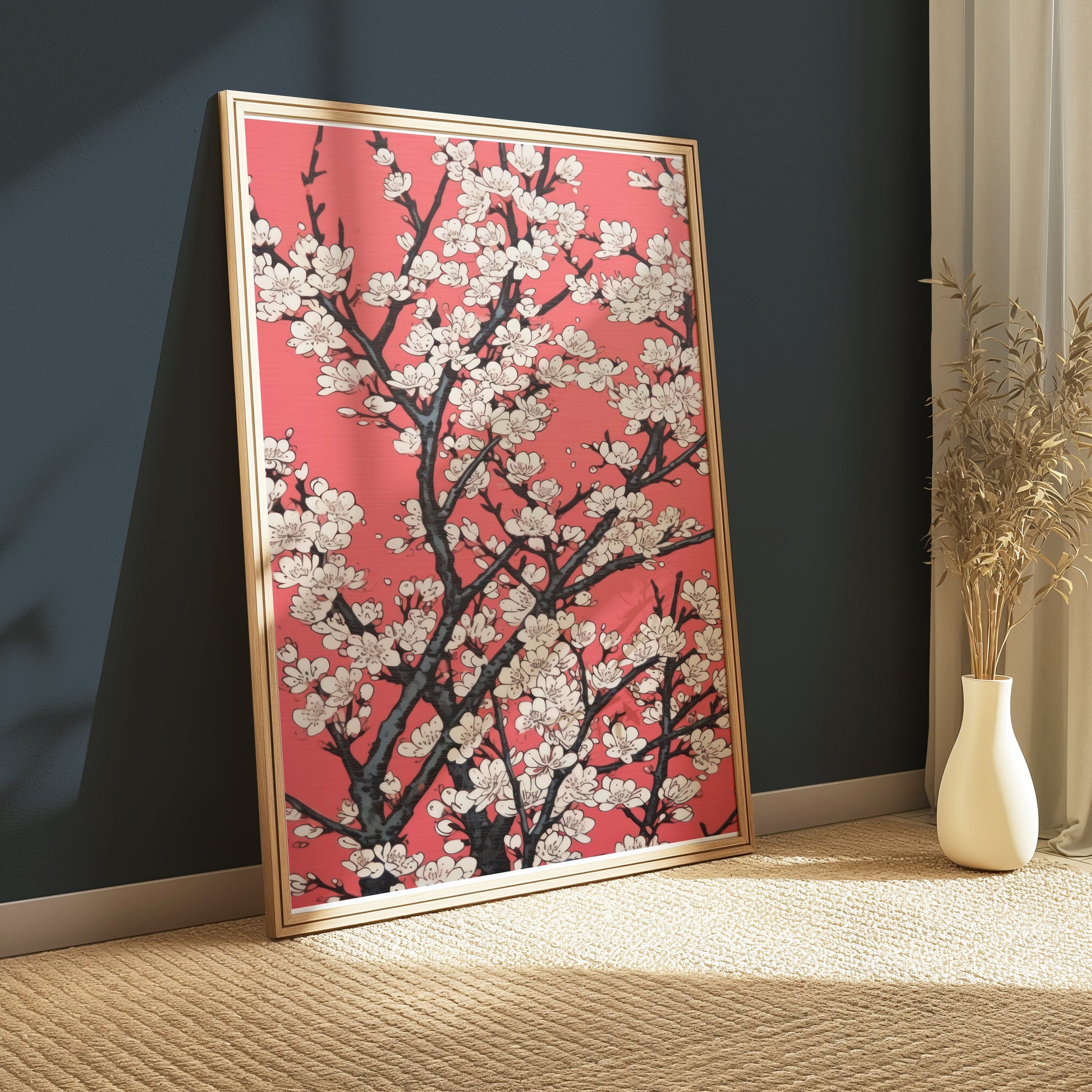 Premium Poster of Cherry Blossoms Abstract Art on Red Background Posters