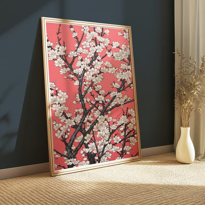 Premium Poster of Cherry Blossoms Abstract Art on Red Background Posters