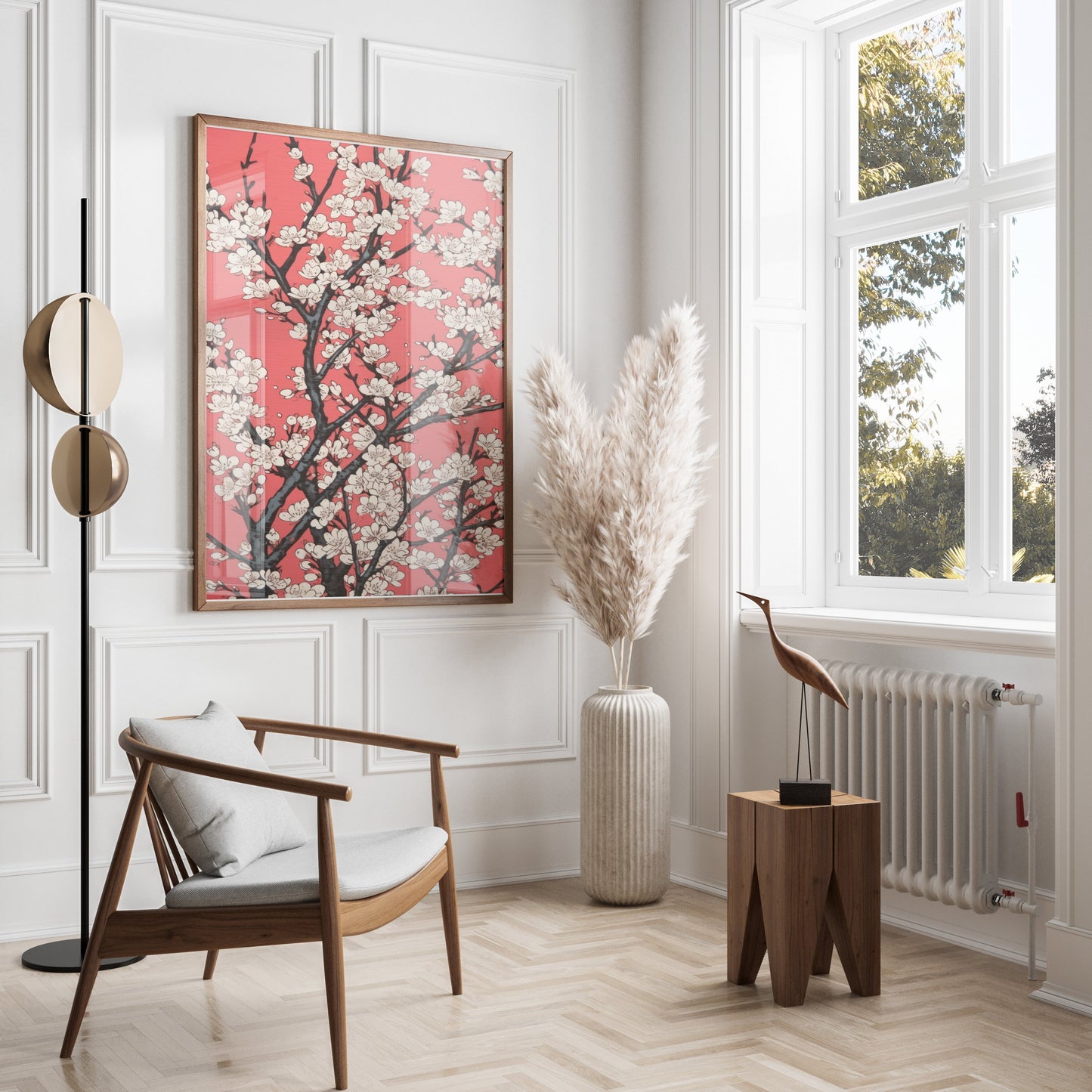 Premium Poster of Cherry Blossoms Abstract Art on Red Background Posters