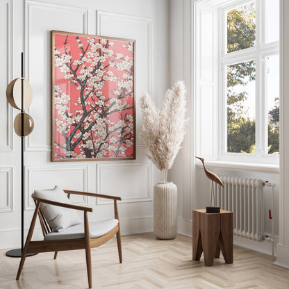 Premium Poster of Cherry Blossoms Abstract Art on Red Background Posters