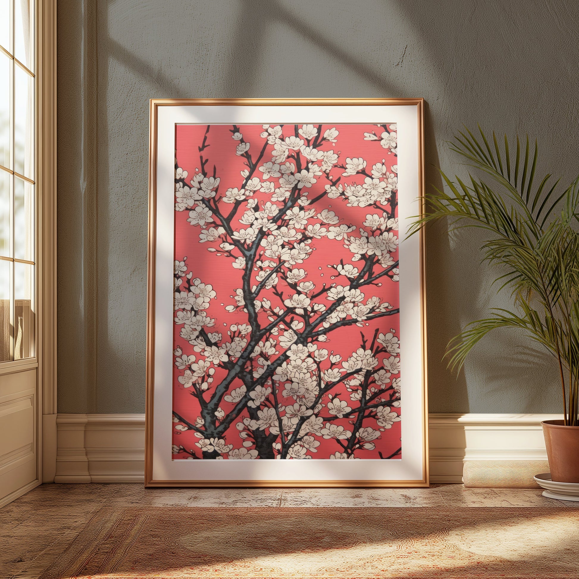 Premium Poster of Cherry Blossoms Abstract Art on Red Background Posters