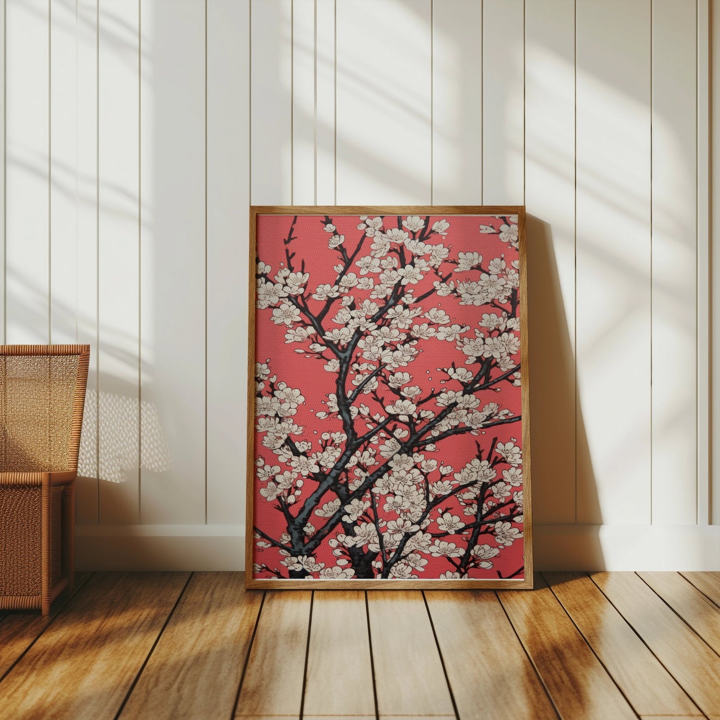 Premium Poster of Cherry Blossoms Abstract Art on Red Background Posters